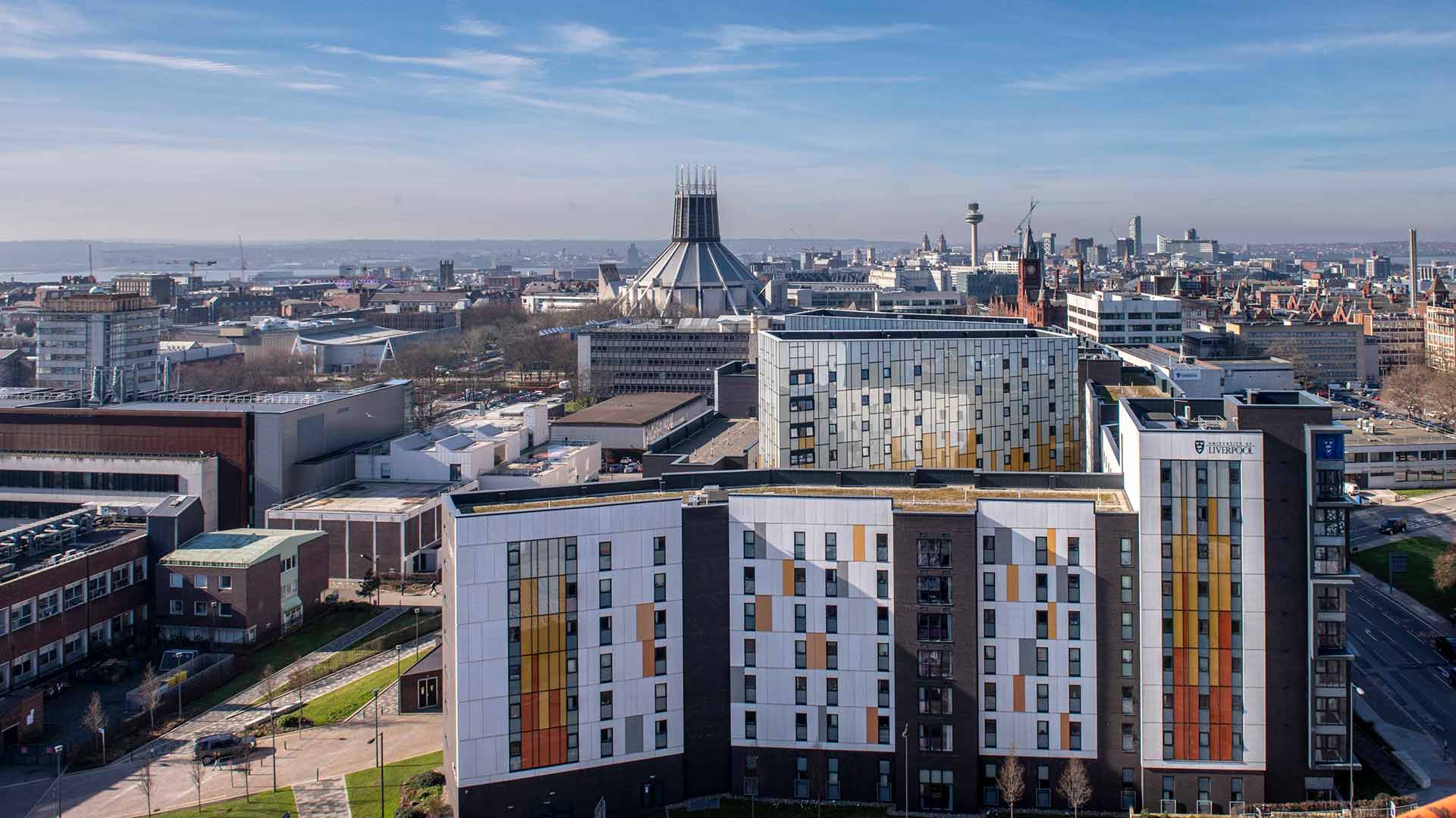 An aerial view of the campus and Liverpool city skyline from near Crown Plaza halls of residence.