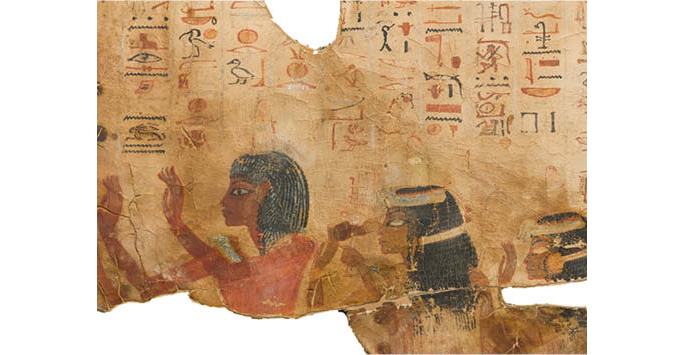 An Egyptian manuscript on papyrus paper featuring hieroglyphs and three illustrations of females