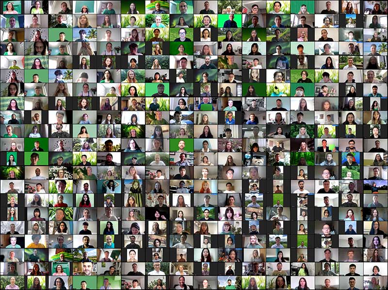 Thumbnail collage of 450 people on a zoom call