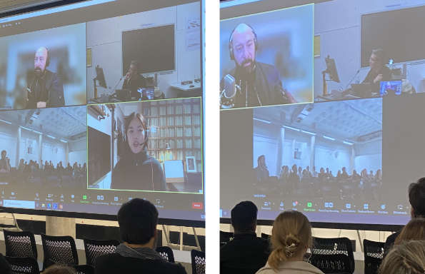 Two images of a projector showing participants in an online lecture.