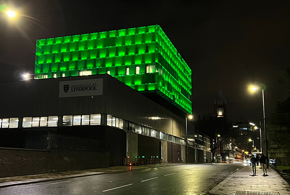 Engineering building lit up for glaucoma week
