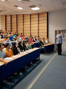 A lecture theatre filled with students at the School of Dentistry