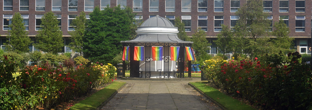 Abercromby Square building with pride flags on display