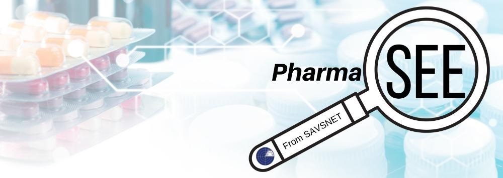 artistic style medicines behind a logo using a magnifying glass and the word 'Pharmasee' with the SAVSNET logo