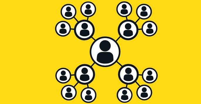 schematic organisational chart with black logos of people on a yellow background