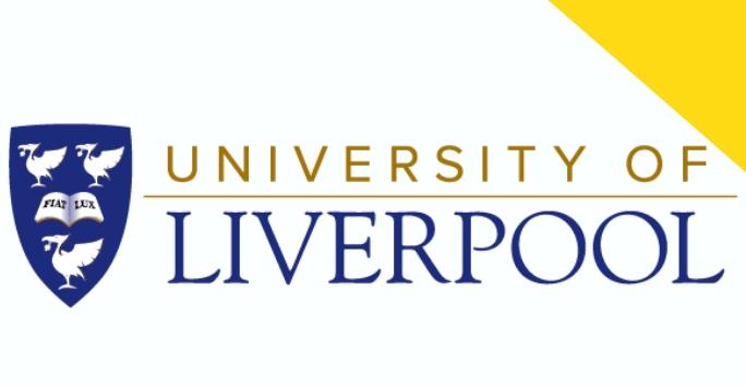 blue crest of arms with University of Liverpool on a white bacground with a yellow triangle in the top right corner