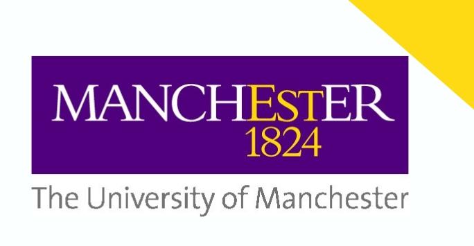 Purple University of Manchester logo on a white background with a yellow triangle in the top right corner