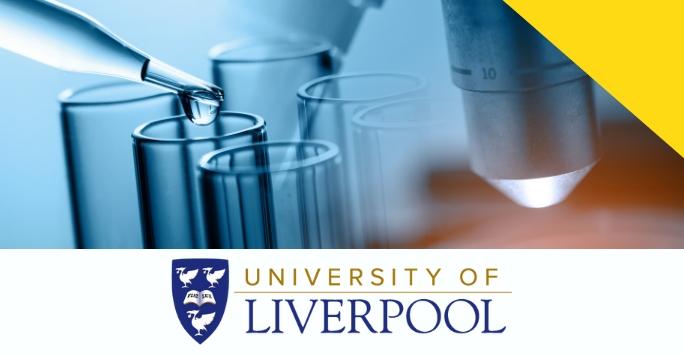 image of test tubes, pipettes and microscope above the University of Liverpool logo with a yellow logo in the top right corner