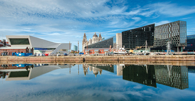 Liverpool waterfront on a blue-sky day