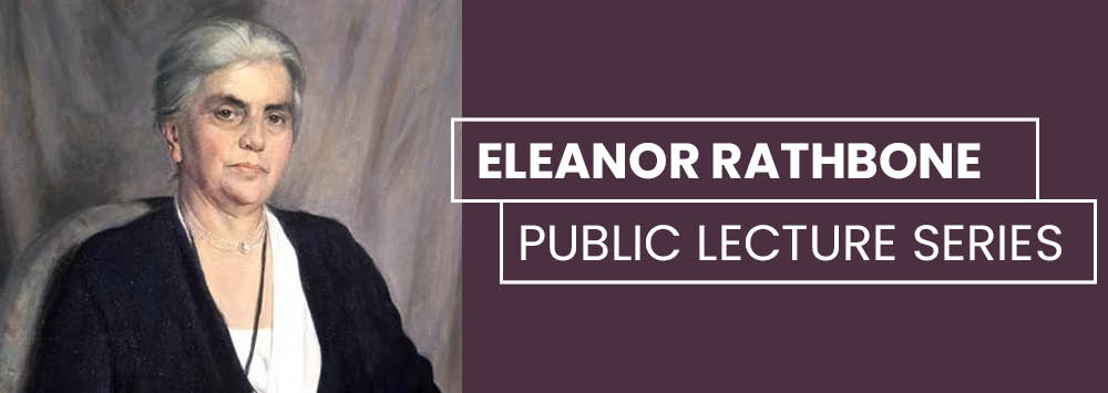 A painting of Eleanor Rathbone with white text reading 'Eleanor Rathbone Public Lecture Series'.