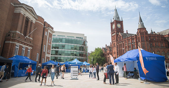 A open day fair at the University of Liverpool infront of the Victoria Building.