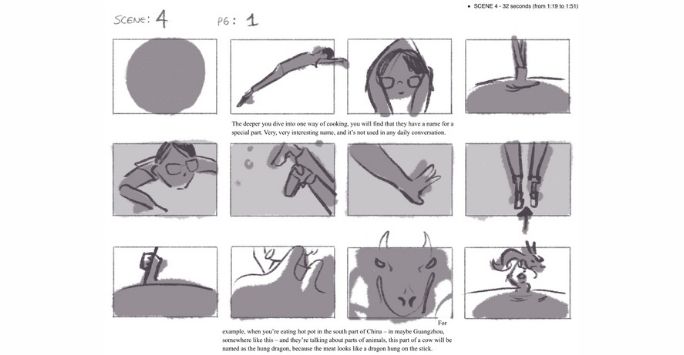 Storyboard from Sam Butterworth’s animation of ‘eJoy of Cooking’, Richard describes the cut of beef which is known in the south of China as ‘the hung dragon’